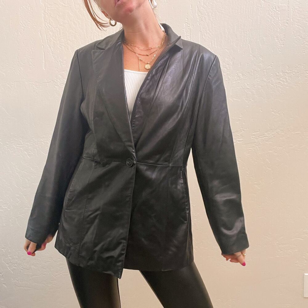 Vintage 1990's Black 100% Leather Blazer Jacket w/ Single Button Closure - Picture 2 of 5